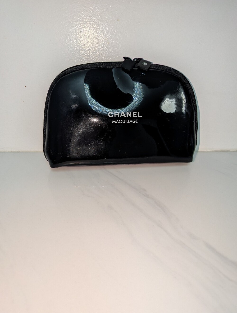 Authentic CHANEL Maquillage Black Patent Cosmetic Pouch | Sleek Dome Makeup Bag